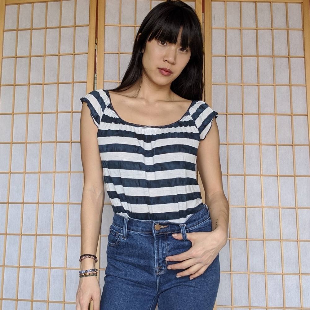 Flutter sleeve navy and white striped blouse